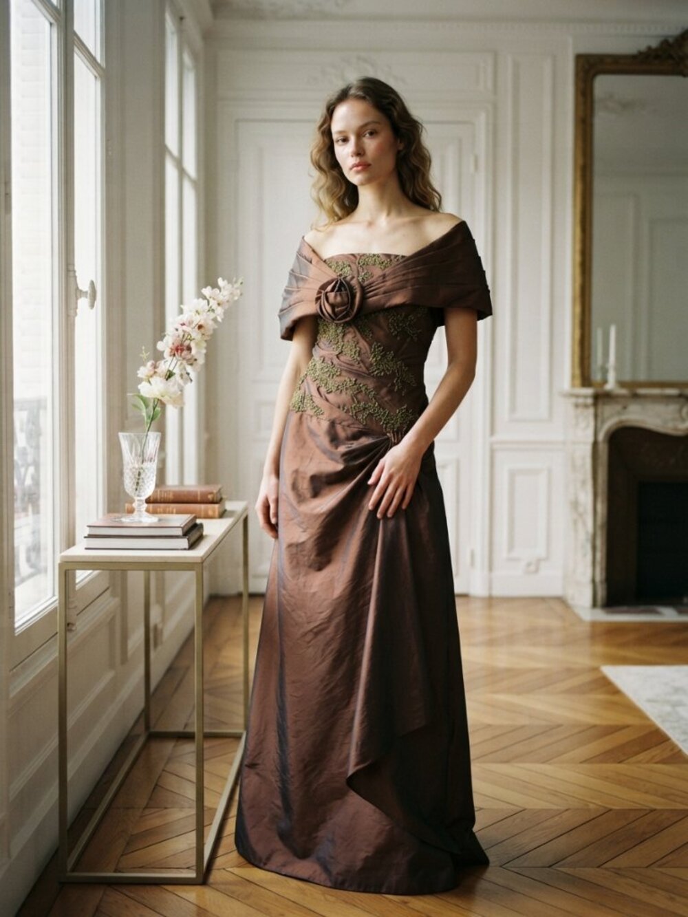 Jade Couture Brown Applique Gown with Removable Pleated Shrug Size 14